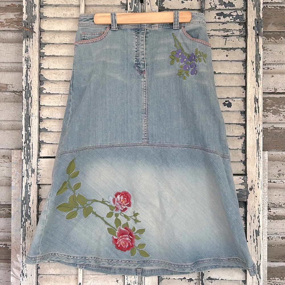 Isabella Bird embroidered denim skirt